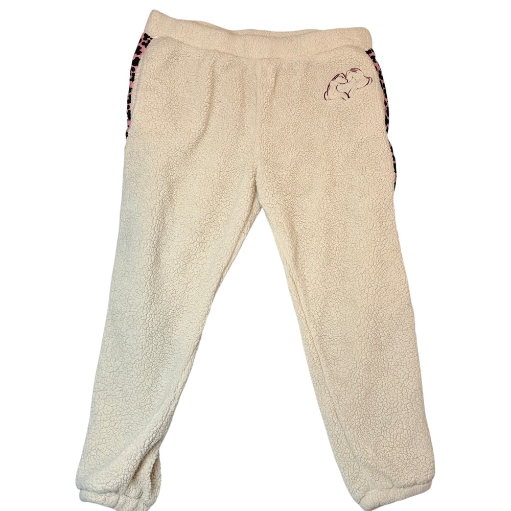 Disney Women's Cream Sherpa Fleece Jogger Pants Minnie‎ Mouse Print Trim Sz 1X